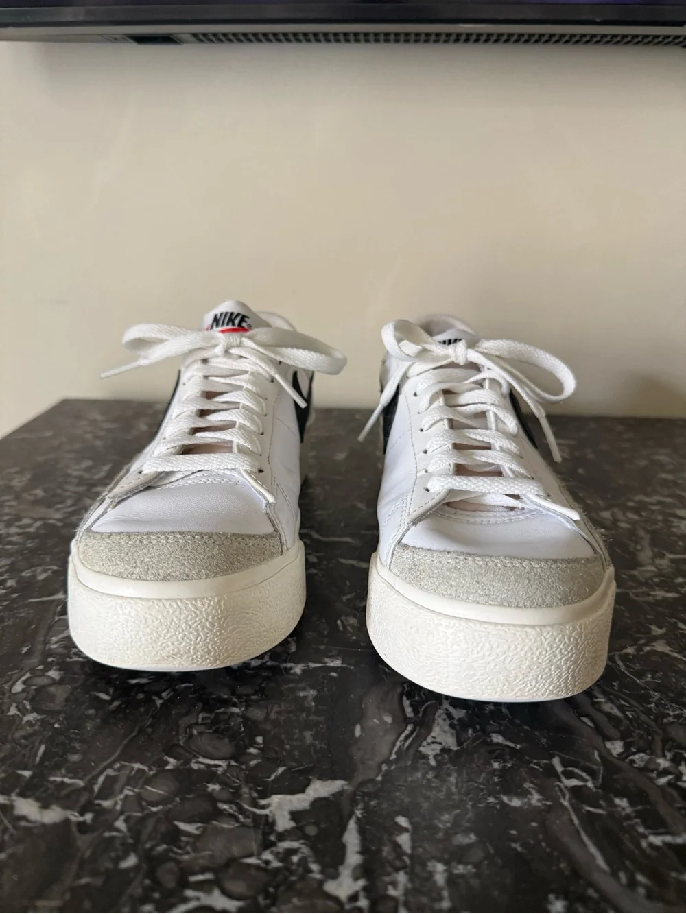 Nike White Leather Platform Sneakers with Black Swoosh